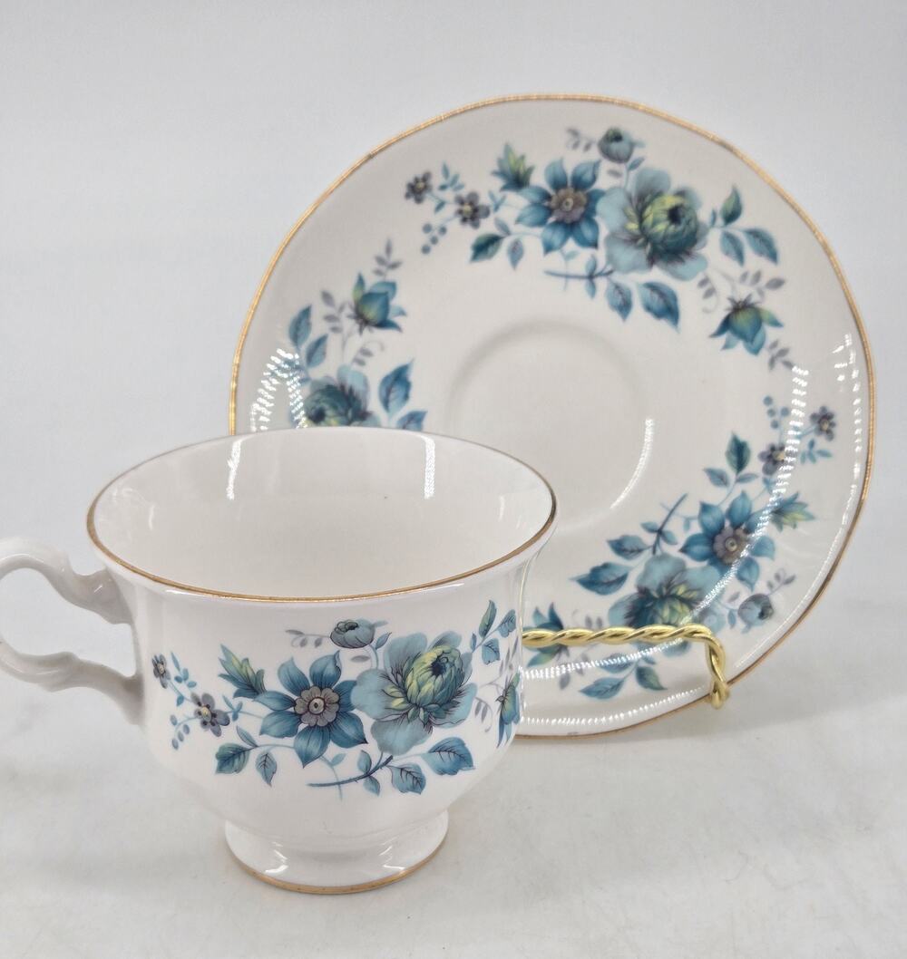 Mid Century 60s Blue Flowers Queen Anne Fine Bone China Tea Cup and Saucer